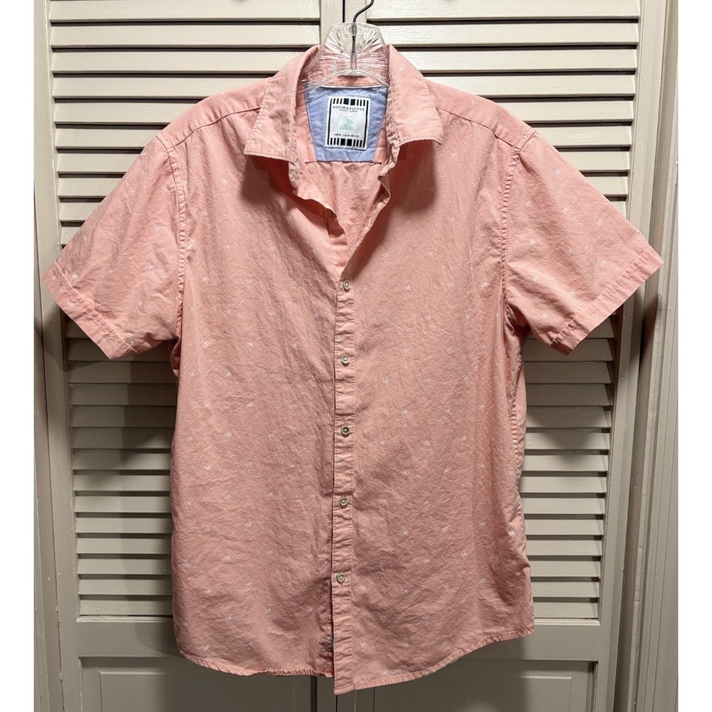 Denim & Flower Pink/White Palm Print Short Sleeve Button Up Collared Size Medium